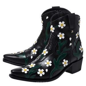 Valentino Garavani Black Leather Daisy Ankle Cowboy Boots Women Size 36